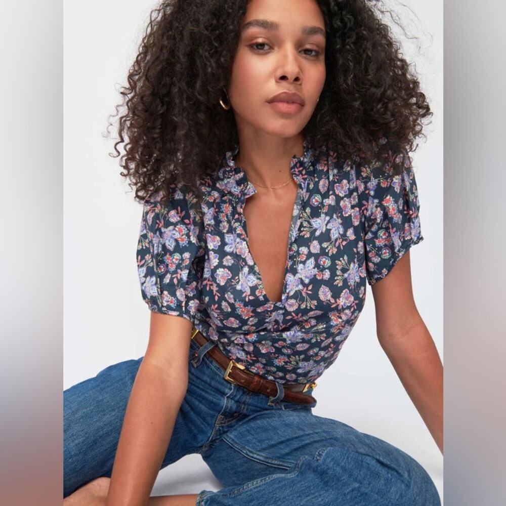 NATION LTD Pima Cotton Rosanna Floral Print Puff Sleeve Blouse in Midsummer XL